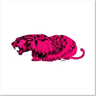 giant beast asian tiger ecopop in red pink in the wild pattern Posters and Art